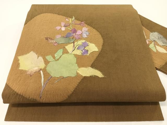 平和屋着物●九寸名古屋帯　紬地　絞り　和紙　草花文　正絹　逸品　CABF0794vp