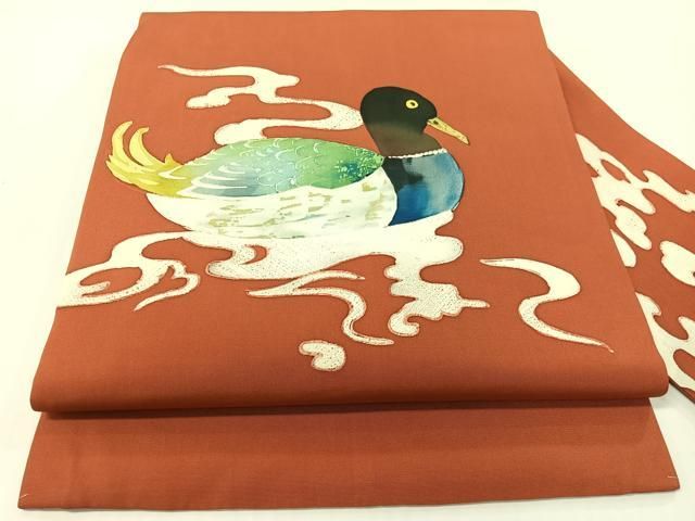 平和屋着物●塩瀬　九寸名古屋帯　ろうけつ染め　鴨　正絹　逸品　CABG1604vp 25,350円