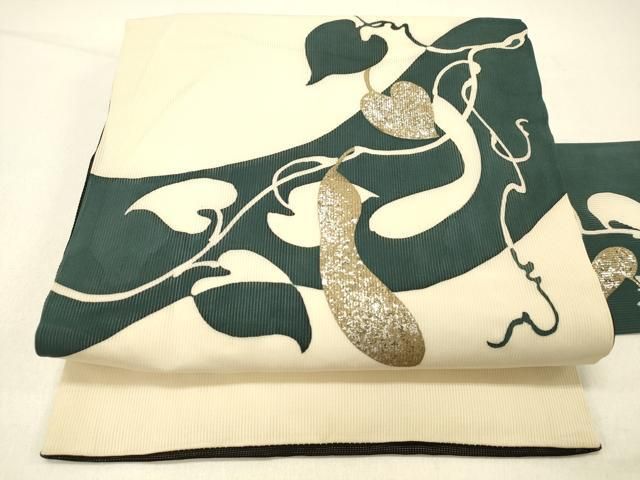 平和屋着物＊夏物　九寸名古屋帯　型染　瓢箪蔦の葉文　銀彩　正絹　逸品　DABD6983cm 33,800円