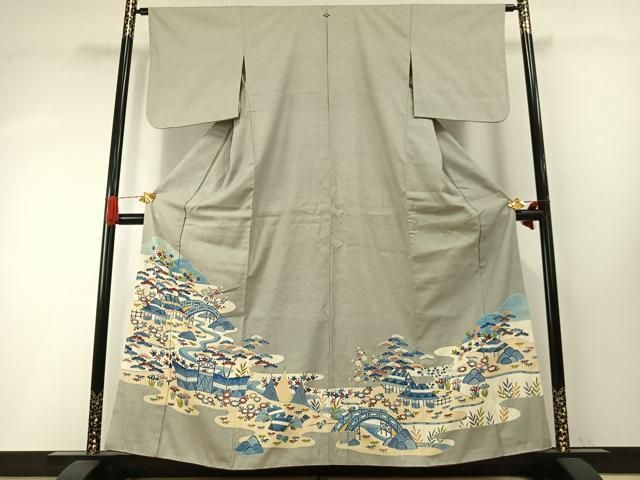 平和屋着物●本場結城紬　重要無形文化財　訪問着　友禅　藍染　松竹梅　正絹　逸品　AABH4776fy