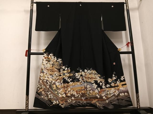 平和屋着物○女優・後藤久美子ブランド 黒留袖 駒刺繍 向かい鶴扇面 