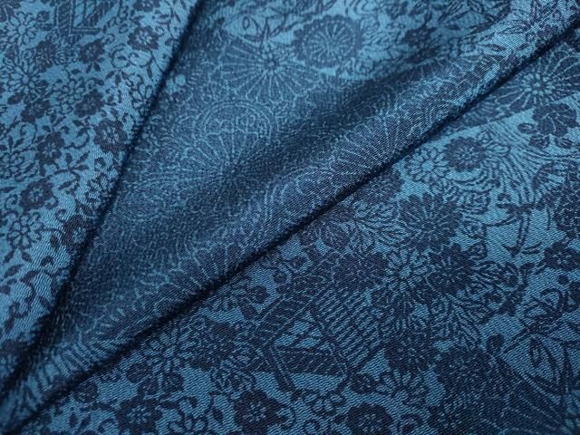 平和屋着物●本藍　型染め　小紋　切嵌草花文　鬼しぼ縮緬　正絹　逸品　DABC2912ud