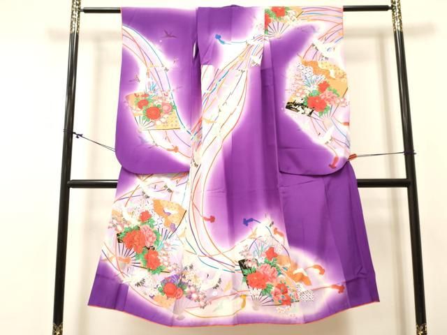 平和屋着物[]七五三　女の子　７歳　祝着　四つ身　駒刺繍　扇面飛鶴牡丹花文　暈し染め　金彩　逸品　DABC5291ma
