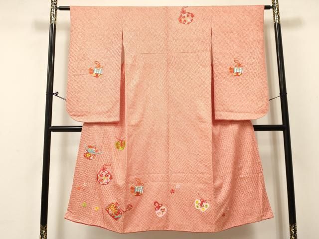 平和屋着物[]七五三　女の子　７歳　祝着　四つ身　刺繍　絞り　仕覆花文　金糸　逸品　DABC5292ma