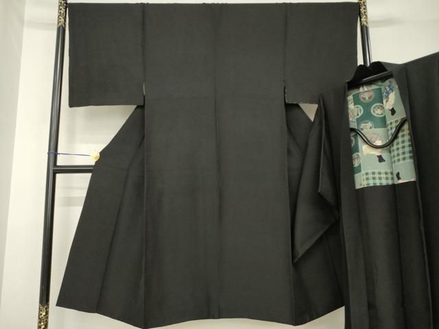 平和屋着物●男性　紬　アンサンブル　黒地　正絹　逸品　AABH3336ck