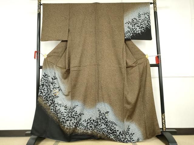 平和屋着物○訪問着 刺繍 鹿の子笹丸文 枝葉シルエット 暈し染め 金彩
