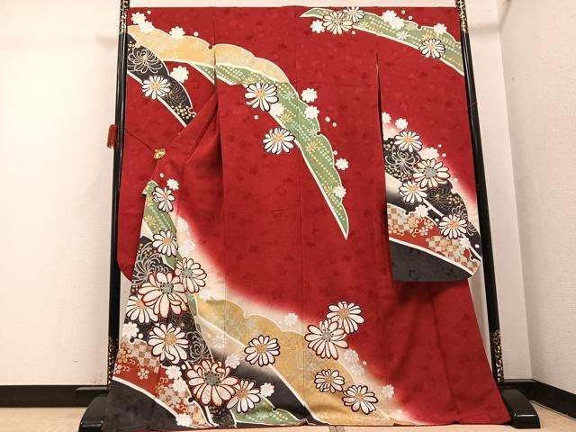 平和屋着物●豪華振袖 絞り 雪芝花文 暈し染め 金彩 銀通し地 ロング丈 正絹 逸品 AABH4042ph