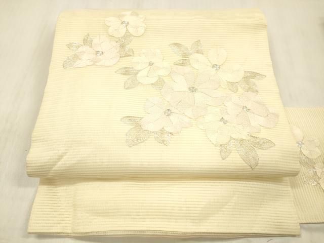 平和屋着物*夏物 九寸名古屋帯 駒刺繍 総刺繍 草花文 正絹 逸品 DABD6564cm