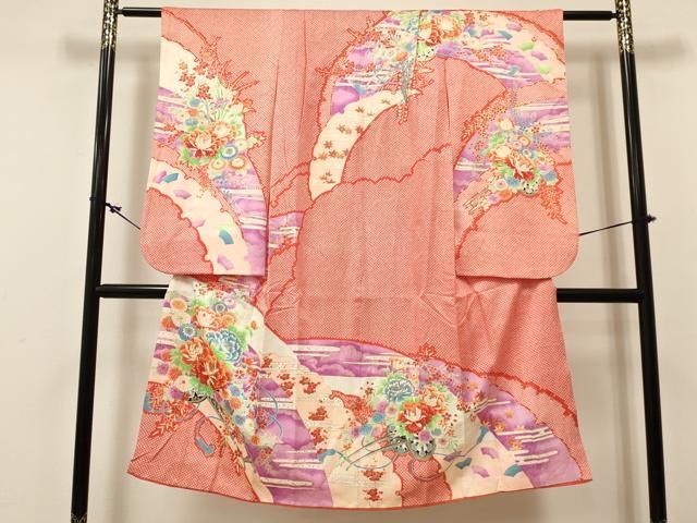 平和屋着物[]七五三　女の子　７歳　祝着　四つ身　駒刺繍　雪芝花車文　金彩　逸品　DABC5285ma