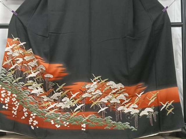 平和屋着物□豪華黒留袖 駒刺繍 飛鶴松文 暈し染め 正絹 逸品