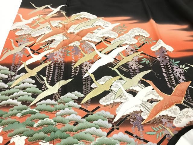 平和屋着物●豪華色留袖　駒刺繍　雪輪重ね花車飛鶴文　暈し染め　金彩　正絹　逸品　CABD8928gh 平和屋着物□豪華黒留袖 駒刺繍 雪輪花鳥文 金銀彩 正絹 逸品