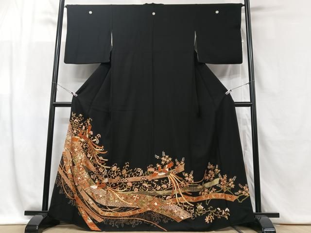 平和屋着物●豪華黒留袖　駒刺繍　船枝垂れ柳花文　金彩　正絹　逸品　CABC2256ut 平和屋着物□豪華黒留袖 駒刺繍 鳳凰更紗花文 金彩 正絹 逸品