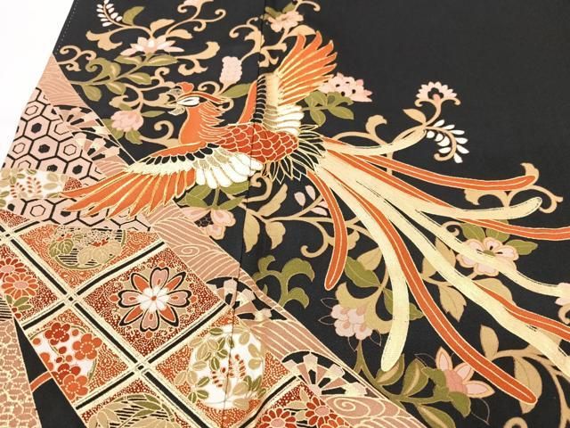 平和屋着物●豪華黒留袖　駒刺繍　吉祥花文　金彩　正絹　逸品　CABC2093ut 平和屋着物○豪華振袖 駒刺繍 熨斗草花文 黒地 金彩 正絹 逸品
