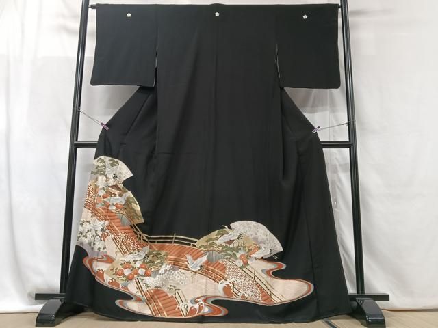 平和屋着物＊夏物　黒留袖　絽　地紙花鳥文　金彩　洗える着物　AABD6619jd 平和屋着物＊夏物 黒留袖 絽 雪輪草花文 金彩 ロング丈 洗える着物