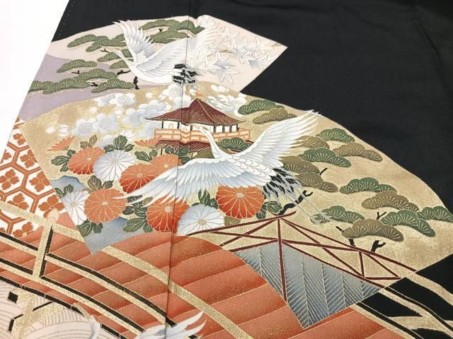 平和屋着物●豪華黒留袖　雲取り草花文　金彩　正絹　逸品　CABB5175vp 平和屋着物□豪華黒留袖 扇面牡丹花文 金彩 正絹 逸品 BAAX1482mzの