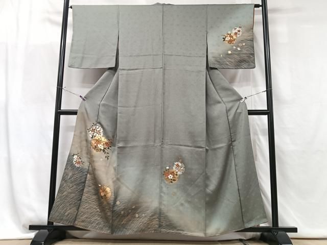 平和屋着物●訪問着　駒刺繍　雪輪花文　暈し染め　黒地　金銀彩　正絹　逸品　AABF5520fy 平和屋着物□訪問着 駒刺繍 雪輪花文 暈し染め 金彩 伊勢丹扱い 正絹