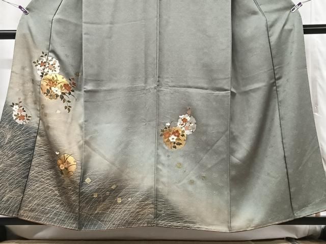 平和屋着物●訪問着　駒刺繍　雪輪花文　暈し染め　黒地　金銀彩　正絹　逸品　AABF5520fy 平和屋着物□訪問着 駒刺繍 雪輪花文 暈し染め 金彩 伊勢丹扱い 正絹
