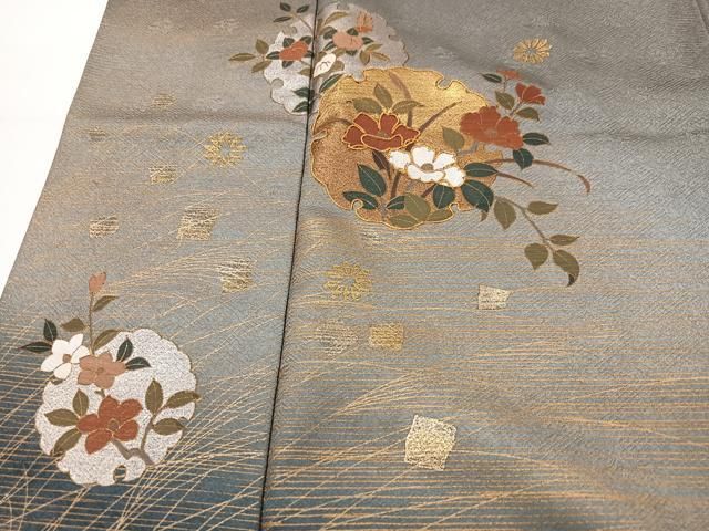 平和屋着物●訪問着　駒刺繍　雪輪花文　暈し染め　黒地　金銀彩　正絹　逸品　AABF5520fy 平和屋着物□訪問着 駒刺繍 雪輪花文 暈し染め 金彩 伊勢丹扱い 正絹