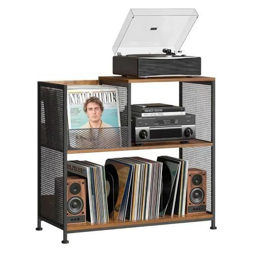 JUNCTECH三段式レコードラック、レコードテーブル、レコードプレーヤースタンド、大容量収納、最大300枚のレコードを収納可能、調節可能な脚付き、4个の調節可能な棚板、耐久性のある素材、お手入れ簡単、レトロなデザインで、リビングルーム、書斎 409e7a62