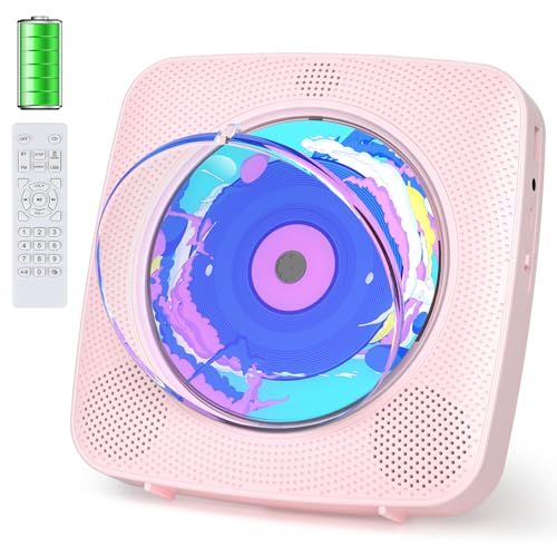 CDプレーヤー Bluetooth 受信/送信 cdラジカセ スピーカー内蔵 卓上＆壁掛け式 プレイヤー 電池内蔵 USB充電式 1台多役 FM/USB対応 A-Bリピート再生 音楽再生/語学学習/胎児教育 日本語説明書付き(ピンク）as bee3ada3
