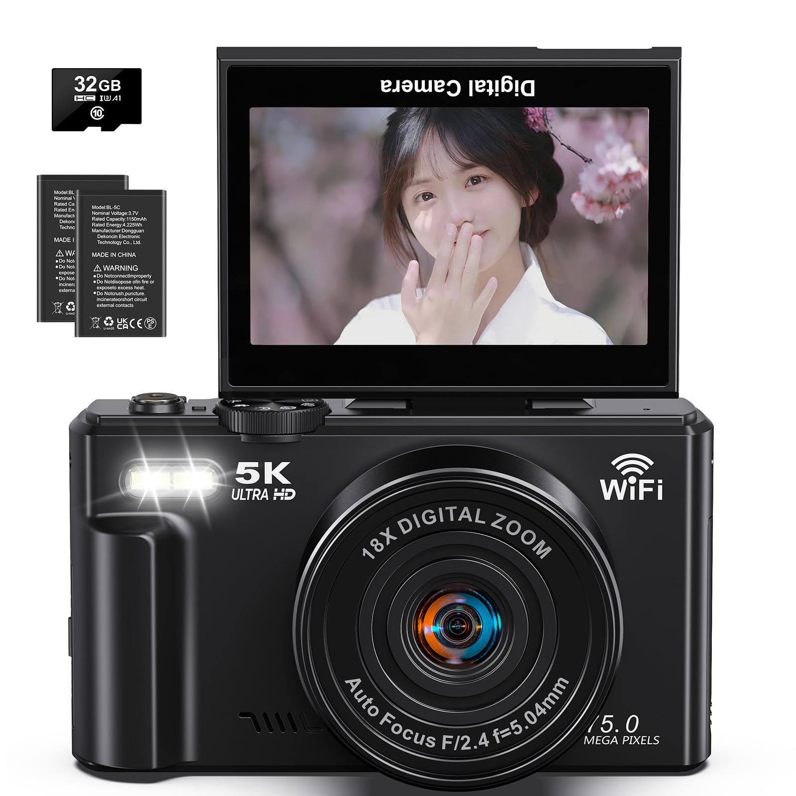 デジタルカメラ 5K動画 7500万画素 デジカメ スマホに送れる WIFI転送機能 18Xデジタルズーム 32GB Micro SDカード付き AFオートフォーカス LEDライト ウェブカメラ 3.0インチ大画面 充電式バッテリー コンパク 889b6081
