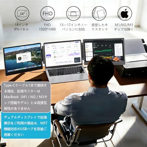 デュアルディスプレイ ダブルモニター トリプルモニター ノートパソコンスクリーンエクスパンダ 14インチノ1080P HDMI FHD、13インチ-16.3インチノートパソコンに適した ，Windows/Mac/Android/PS 5に適用 9893ea61