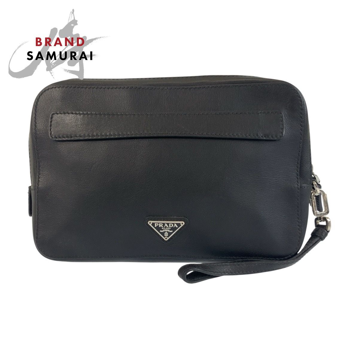 美品 PRADA プラダ 三角ロゴプレート ブラック 黒 シルバー金具 レザー 