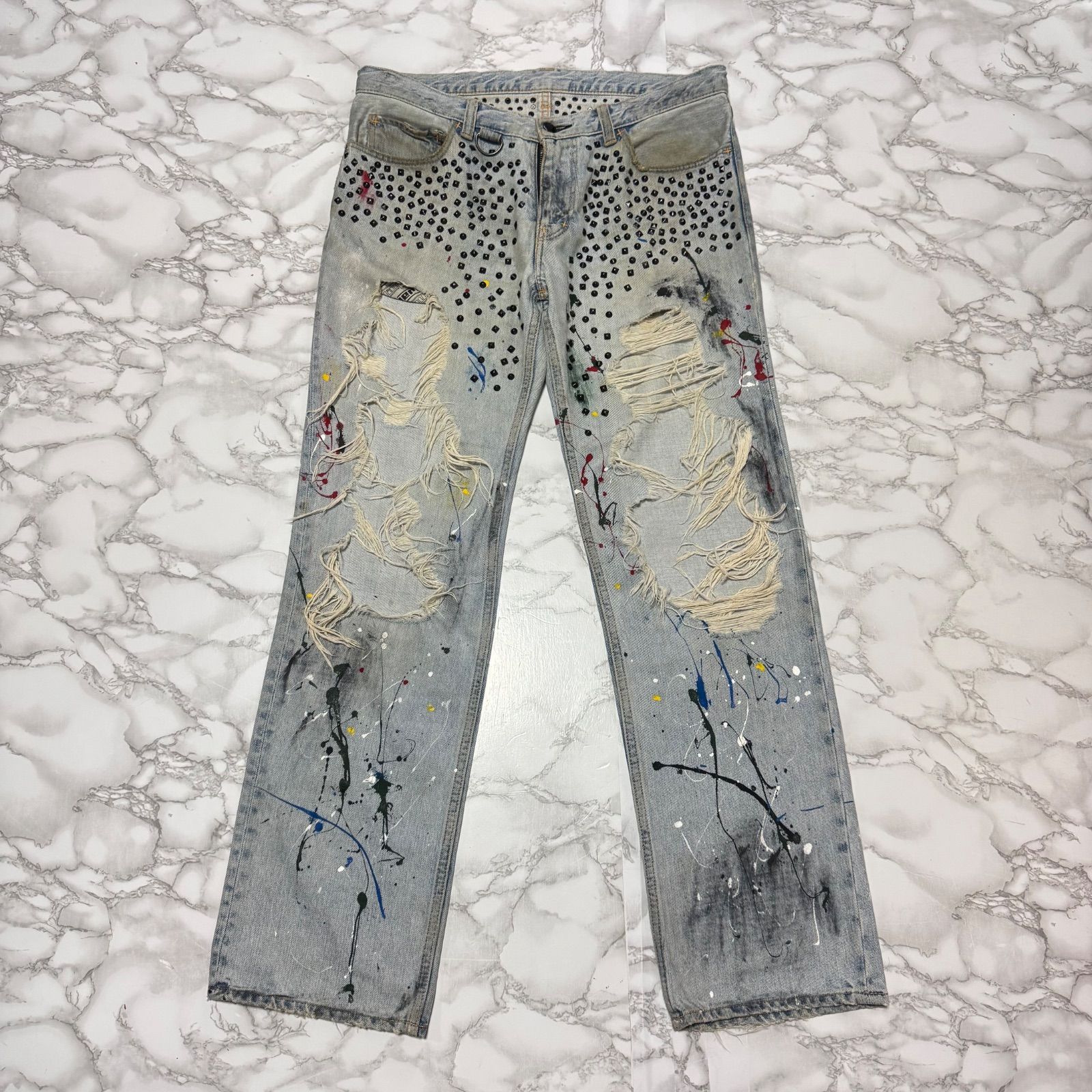 希少【number (n)ine ナンバーナイン 【商品名】ガンズ期 ペンキ ペイント スタッズ ダメージ加工 デニム パンツ/ハート涙 レザー パッチ