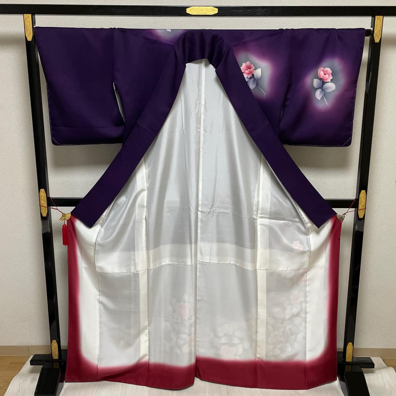 付下げ 裄68 トールサイズ 暈し染に鮮やかな花模様 着物 正絹 X-1644