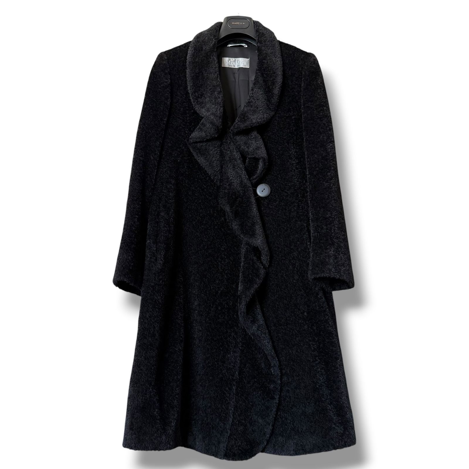 美品 MaxMara アルパカ フロントフリルデザイン シャギーコート 黒