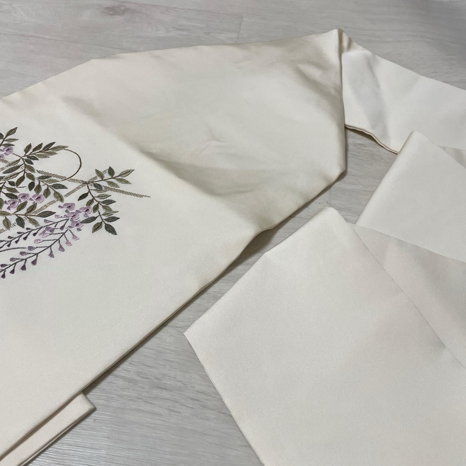 値下げ☆正絹 名古屋帯　刺繍　花 美品 名古屋帯 秀品 京こばな 花扇 金糸 刺繍 濃紫 正絹 中古