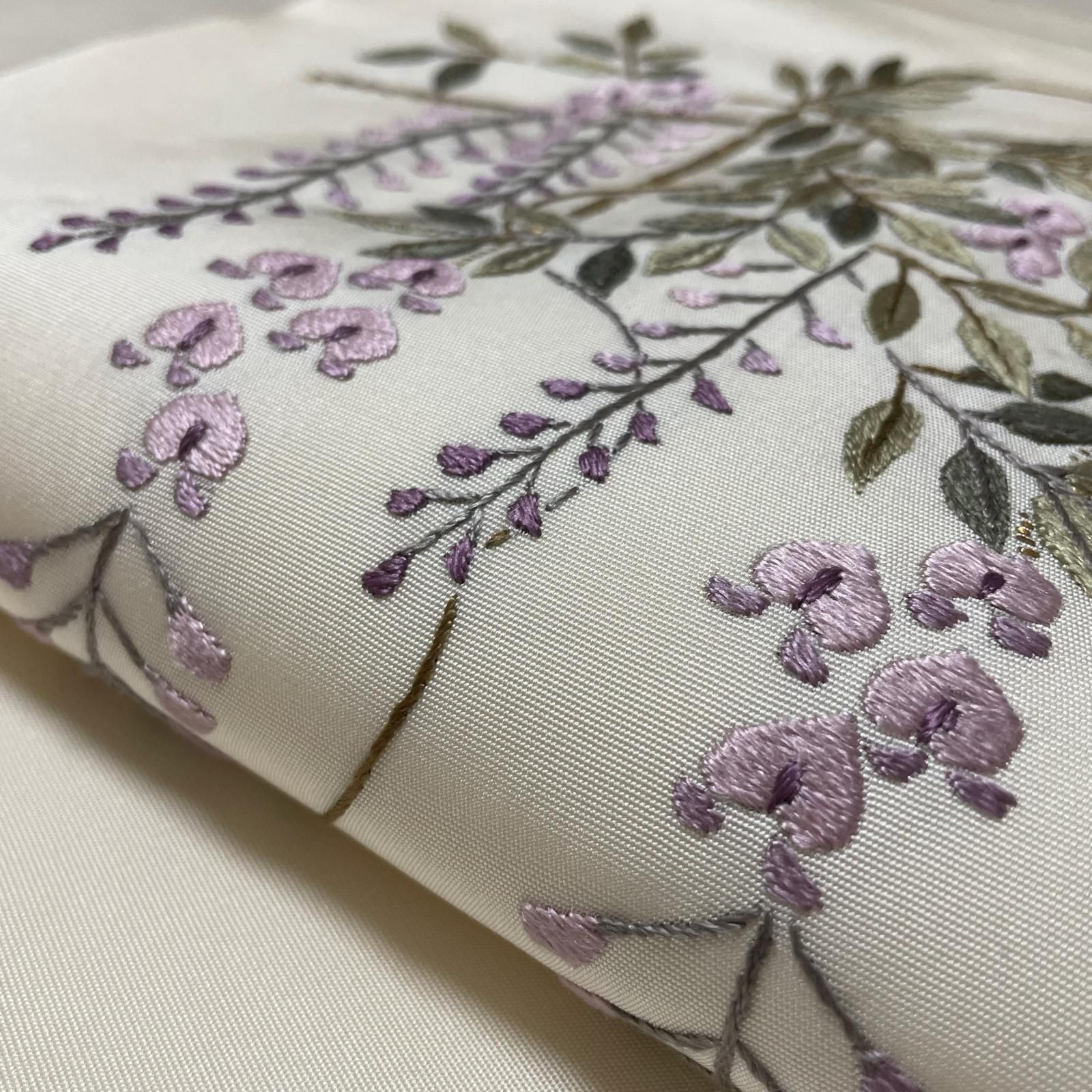 m-109 刺し子 刺繍　紬　花 名古屋帯 正絹 名古屋帯 刺繍 藤の花 九寸 正絹 着物 X-1693 - メルカリ