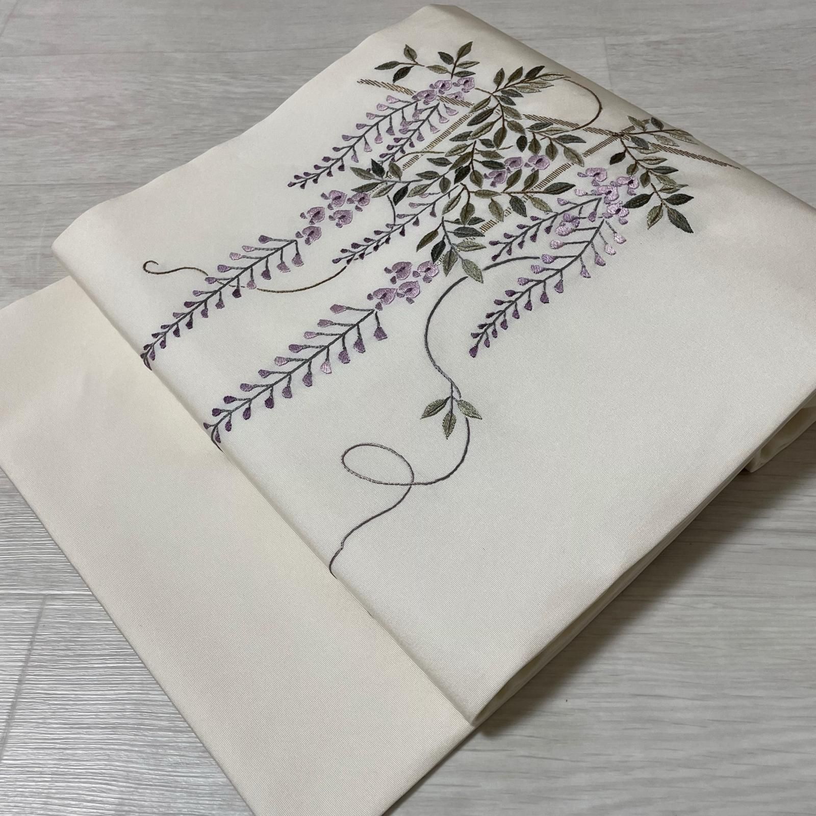 値下げ☆正絹 名古屋帯　刺繍　花 美品 名古屋帯 秀品 京こばな 花扇 金糸 刺繍 濃紫 正絹 中古