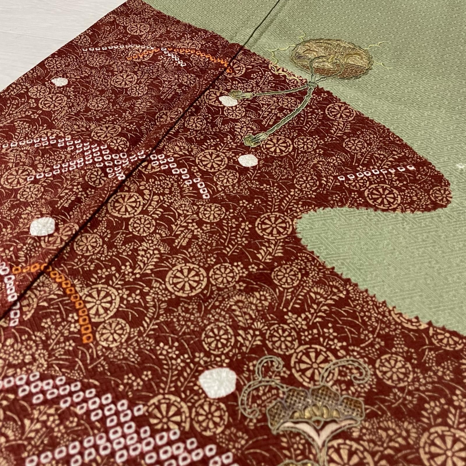 汕頭刺繍 蘇州刺繍 付下げ 絞り 金彩 紗綾形地紋 着物 正絹 X-1715
