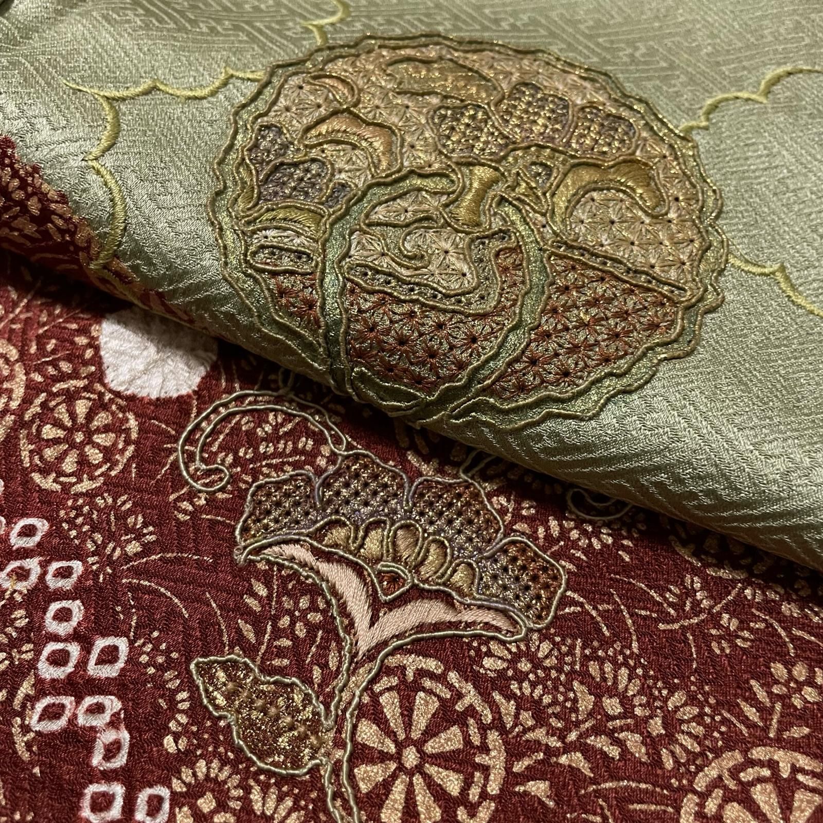 汕頭刺繍 蘇州刺繍 付下げ 絞り 金彩 紗綾形地紋 着物 正絹 X-1715