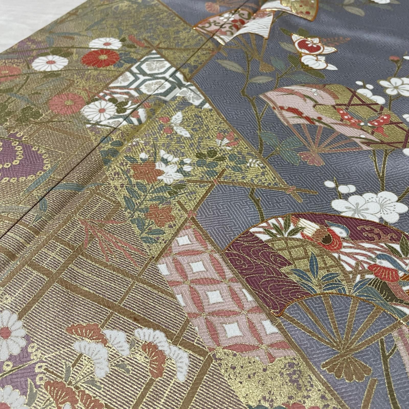 訪問着 扇に花模様 金駒刺繍 美しい染め 着物 正絹 X-1728