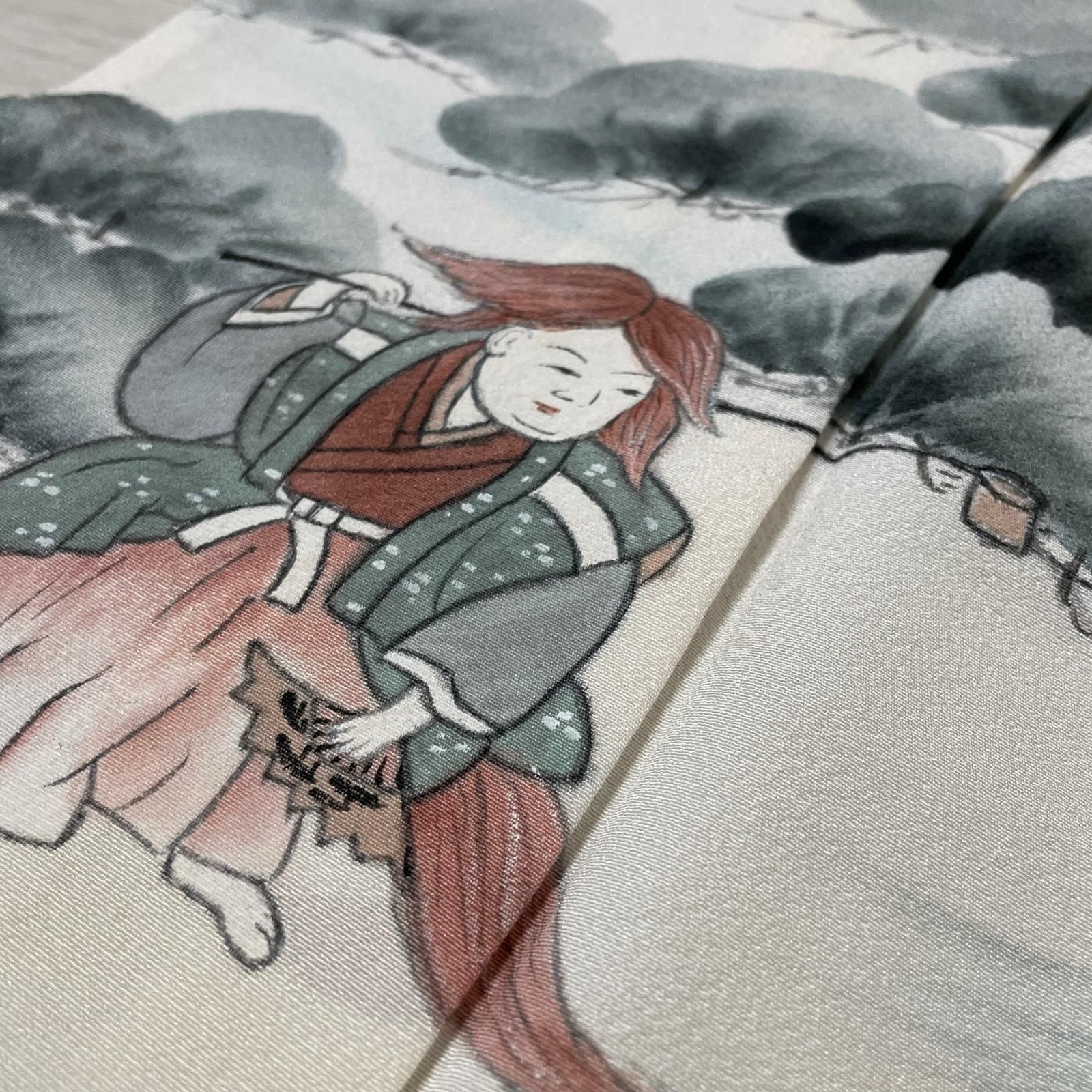 付下げ ちりめん 単衣仕立て 手書き 松に人物文 着物 正絹 X-1732