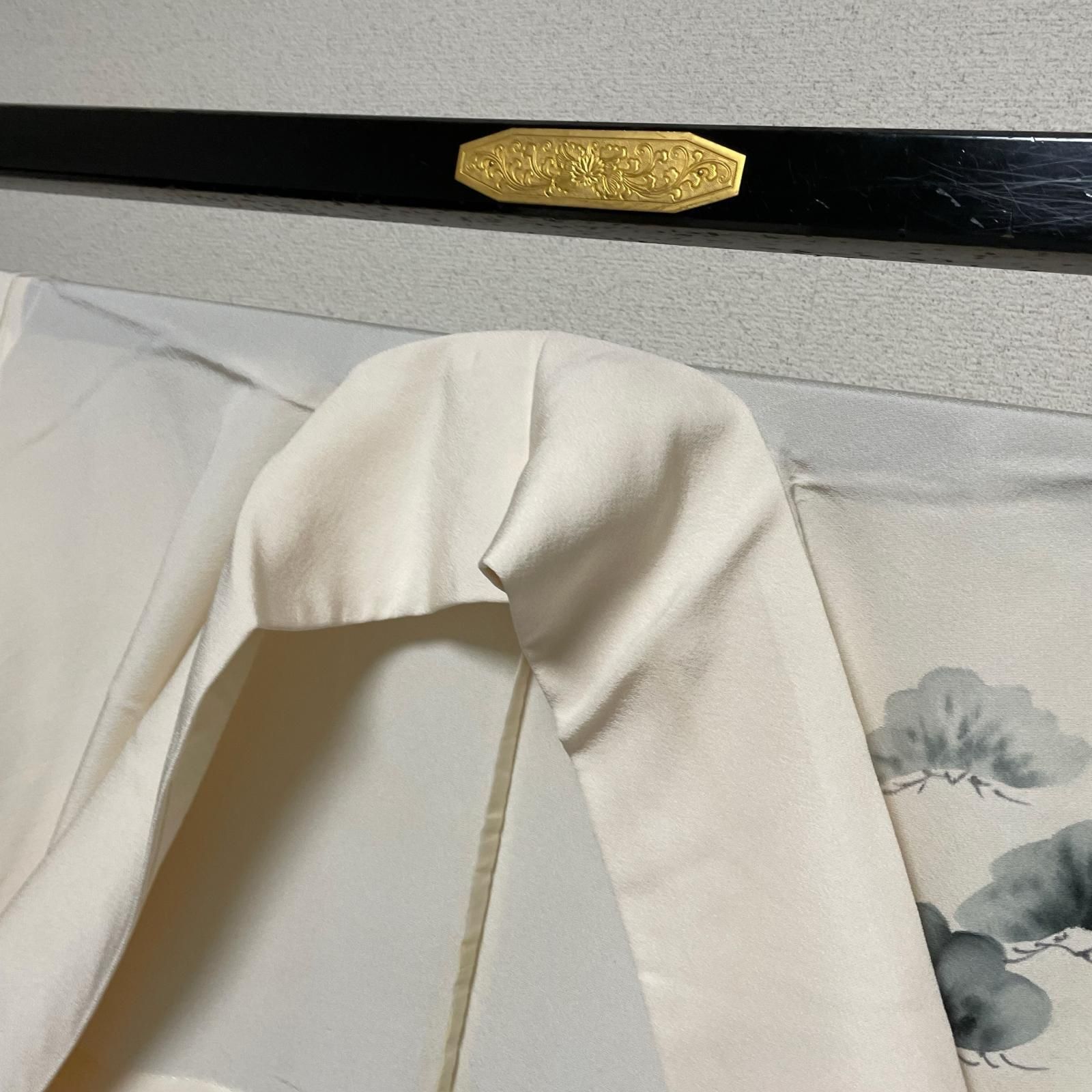 付下げ ちりめん 単衣仕立て 手書き 松に人物文 着物 正絹 X-1732 