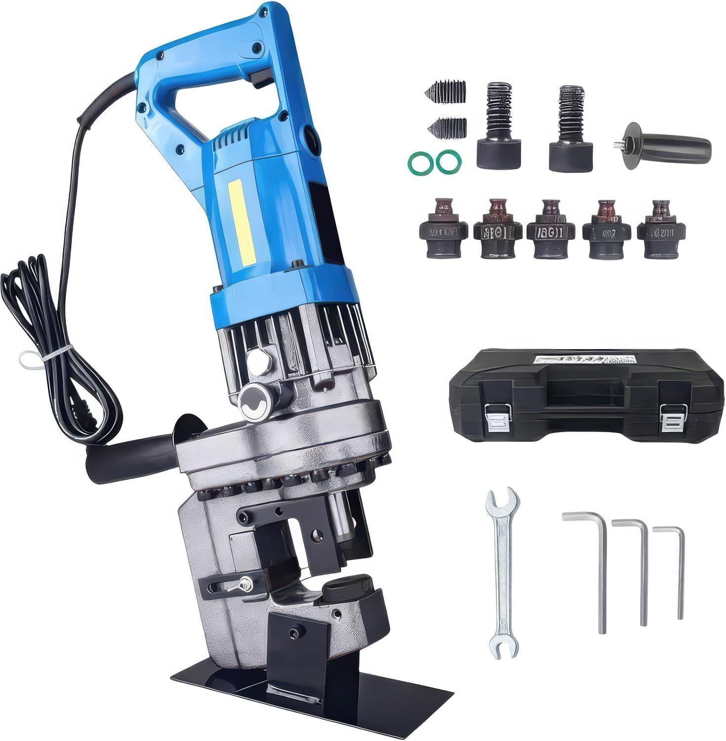 パンチャー 電動油圧 10t 1800W 110V｜穴径φ6.5～20.5mm ダイス5種（φ6.5/9/13/17/20.5）フットスイッチ・収納ケース付 のど深さ50mm｜鋼板/銅板/アルミ板/チャンネル/アングル対応so