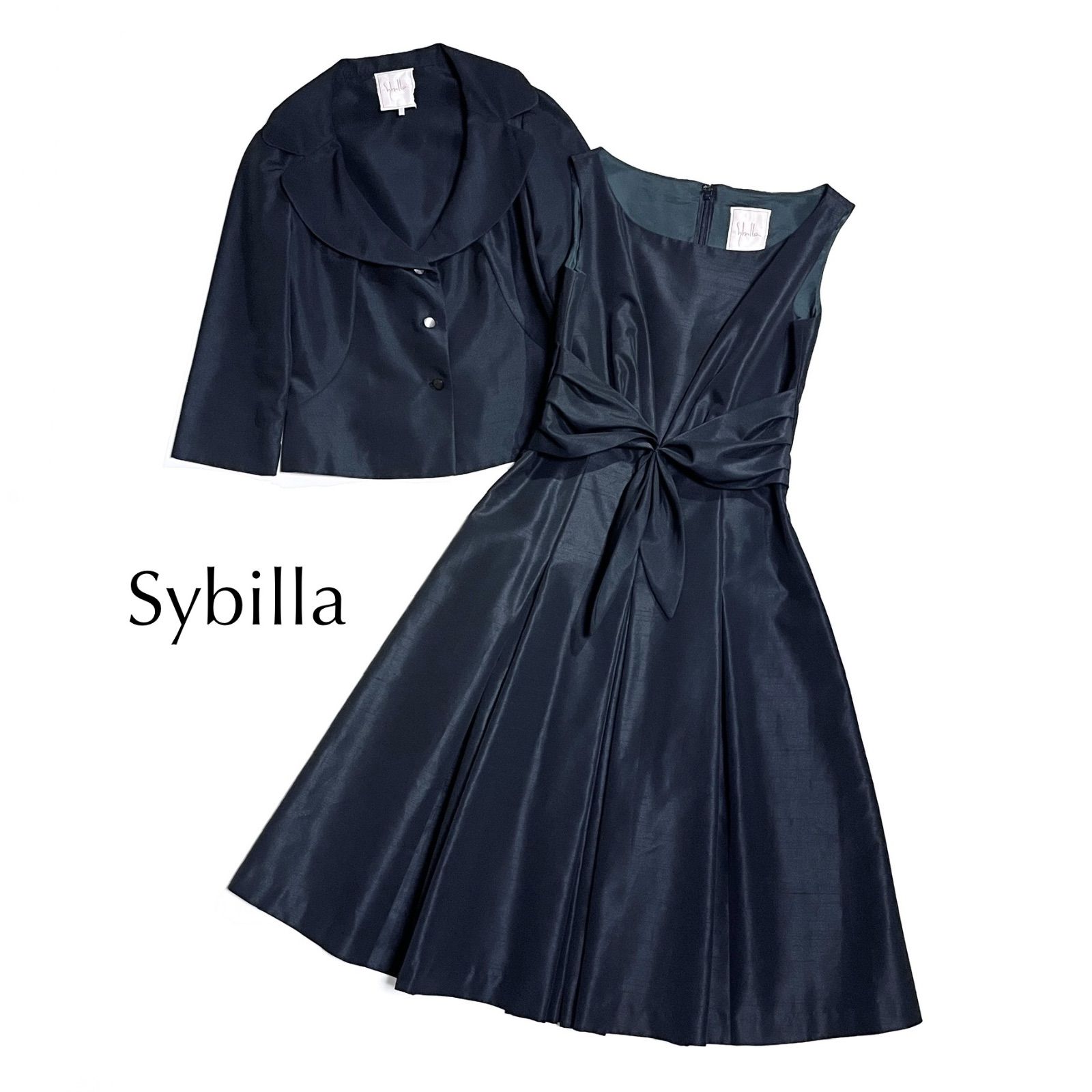 kV95,V96 Sybilla ブラックフォーマル セットアップ ワンピース 上下 ジャケット サテンライク 黒 S シビラ 11,100円