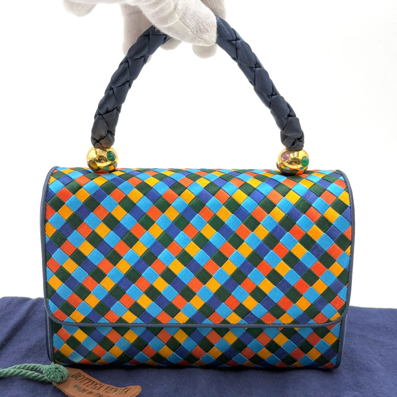 美品◎BOTTEGA VENETA サテン地 マルチカラー イントレチャート ハンドバッグ ビジューパーティーバッグ 冠婚葬祭