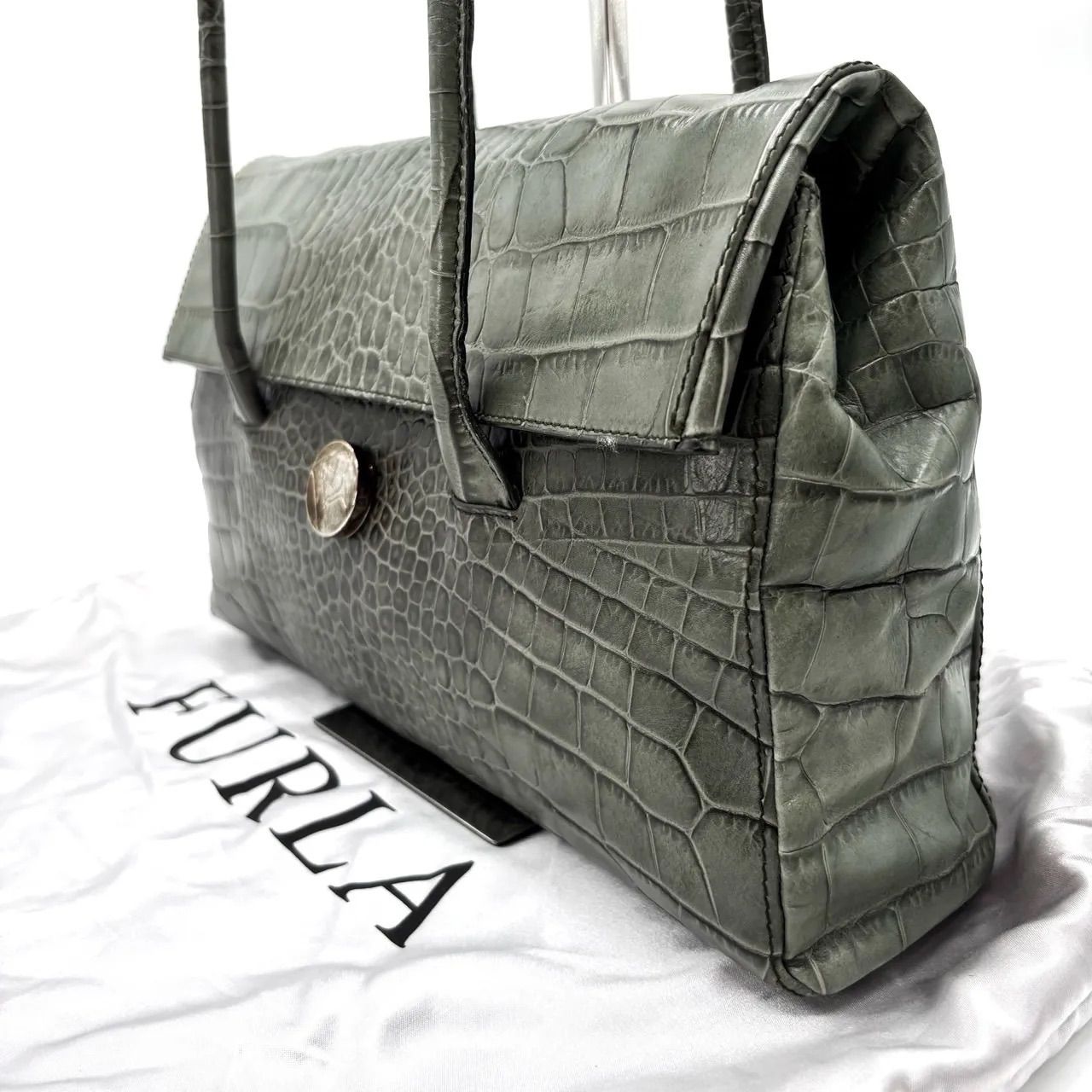 【美品】FURLA フルラ トートバッグ ハンド クロコ型押し レザー シルバー金具 カーキー レディース