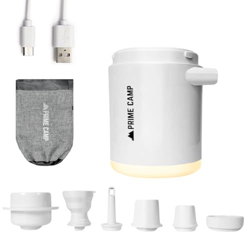 プライムキャンプ エアーポンプ 電動 空気入れ 超軽量 強力170L/分 【６つのノズル＆ライト付】 エアポンプ 1360mAh大容量バッテリー USB充電式 空気抜き インフレーターマット キャンプ 浮き輪kk a8160511