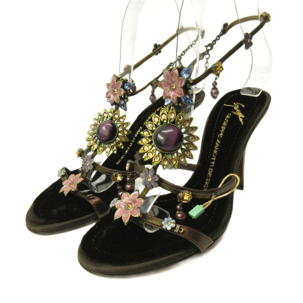 ジュゼッペザノッティデザイン GIUSEPPE ZANOTTI DESIGN 美品 フラワーモチーフ サンダル シューズ ビジュー 装飾 レザー ベルベット 36 23.0cm 茶 ブラウン 0511