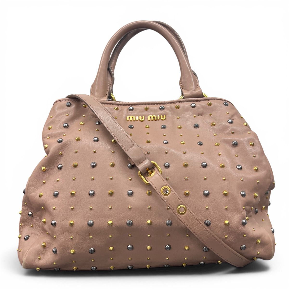 miumiu 希少 ミュウミュウ スタッズ 2way ハンドバッグ ショルダーバッグ RN0805 レザー メタル ダスティピンク クロスボディ トート Bランク 中古 鑑定済 ミュウミュウバッグ