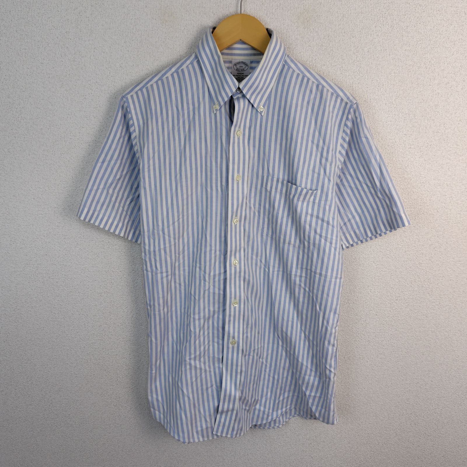 Brooks Brothers ブルックスブラザーズ 半袖シャツ ストライプ REGENT ブルー ホワイト 15.5 メンズ 古着 シンプル