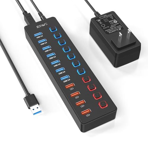USBハブ JESWO USB3.0 ハブ 電源付き 11ポート USB HUB USB3.0ポートx7 5Gbps高速伝送 + 充電ポートx4 100cmケーブル USB拡張 セルフパワー 独立スイッチ付き 12V/3A電源アダプタ ACア 728011e7