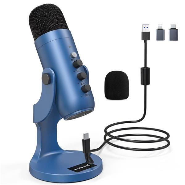 ブルー ZealSound USBマイク コンデンサーマイクPC用 配信用マイク 単