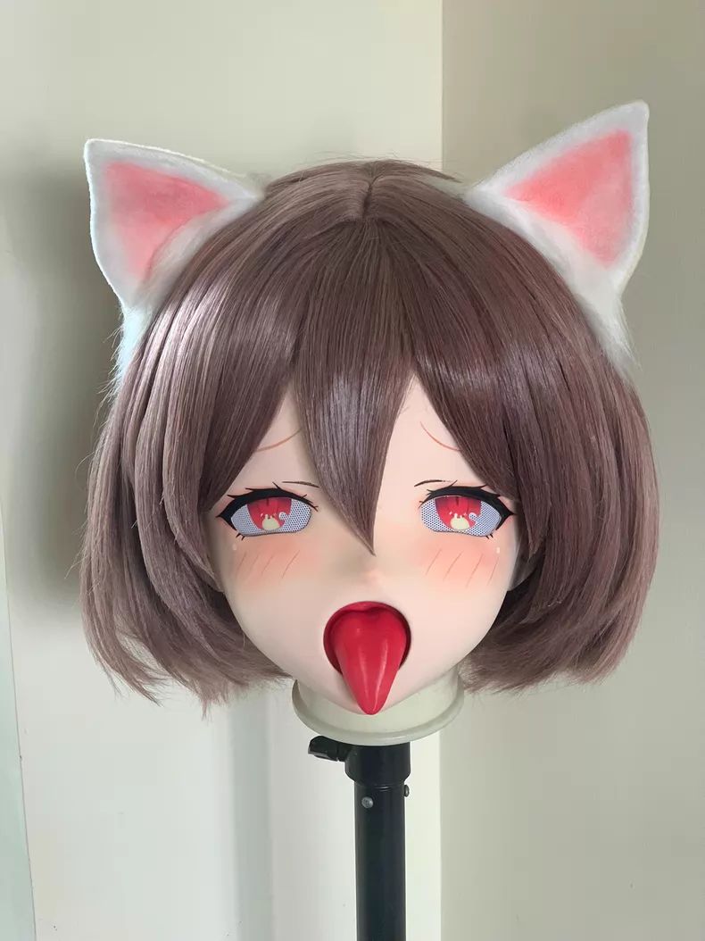 キグルミヘッド 全頭マスク 鍵付き 猫耳 ブラウンボブ ピンクアイ 赤舌 ドール顔 着用可能 62cm対応 ハンドメイド コスプレ kigurumi 二次元 アニメ顔 量産型 病み系 現品 Kigurumi Anime Mask