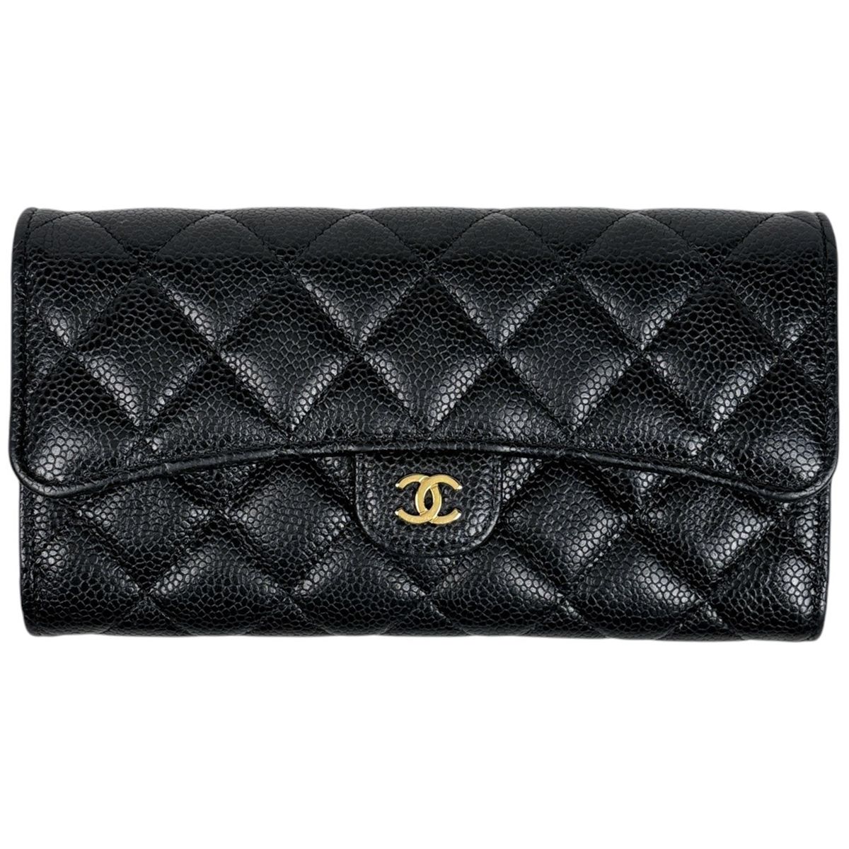 シャネル CHANEL ココマーク 二つ折り 長財布 マトラッセ キャビアスキン ブラック レディース 【中古】
